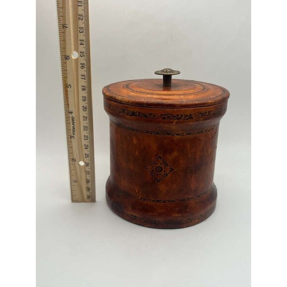 Vintage Selleria Lastra Italian Leather Humidor Tobacco Jar Ceramic Lined - Picture 6 of 9